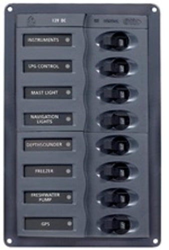 BEP Circuit Breaker Panel DC 12V 8x Single Pole 2x5A 2x10A 3x15A 1x20A Vertical With DC Color System Monitor (DCSM)